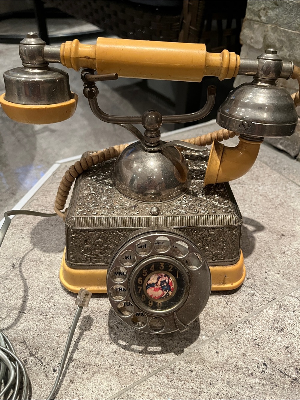 Ornate Decorative Retro Telephone in Yellow and Silver